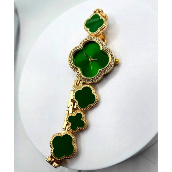 Green Clover Link Bracelet Watch Gold Tone Rhinestone Accents - Picture 1 of 5